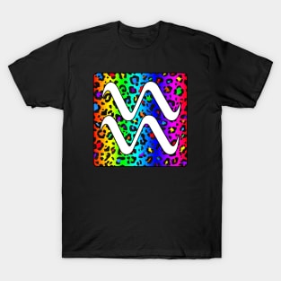 Aquarius Zodiac Horoscope Rainbow Leopard Print Square Monogram T-Shirt